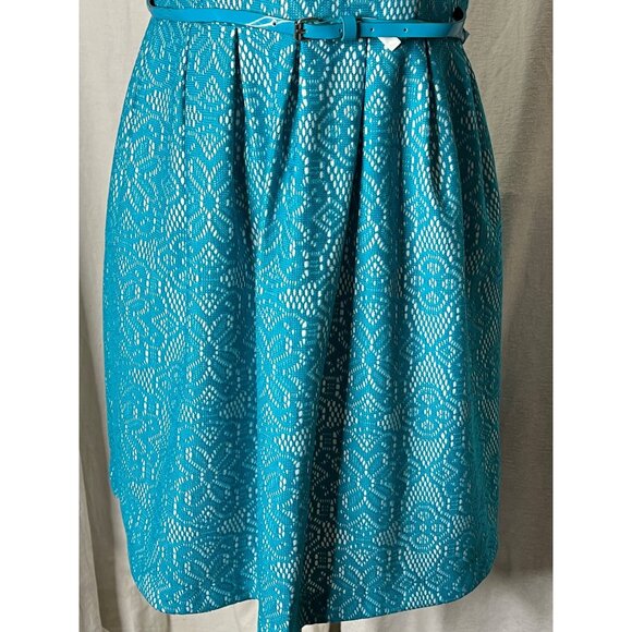 George Women's Teal Lace Dress With Belt  Size L Midi Summer - Picture 6 of 13